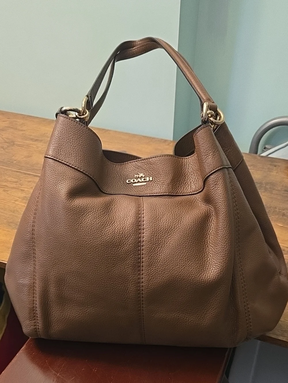Coach Brown Pebbled Leather Shoulder Bag with Gold Hardware